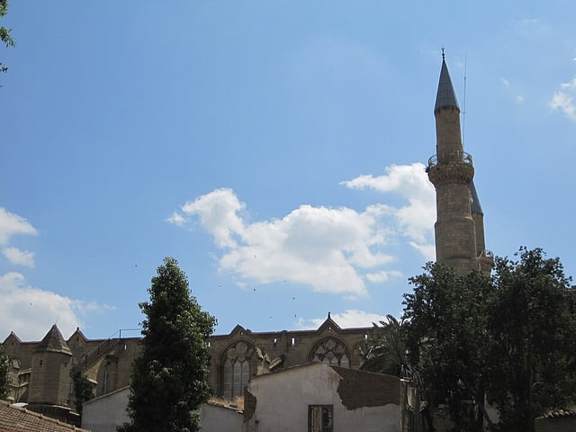 The Gothic front of the Selimiye, once St Sophia's cathedral, with its Ottoman minaret against the sky